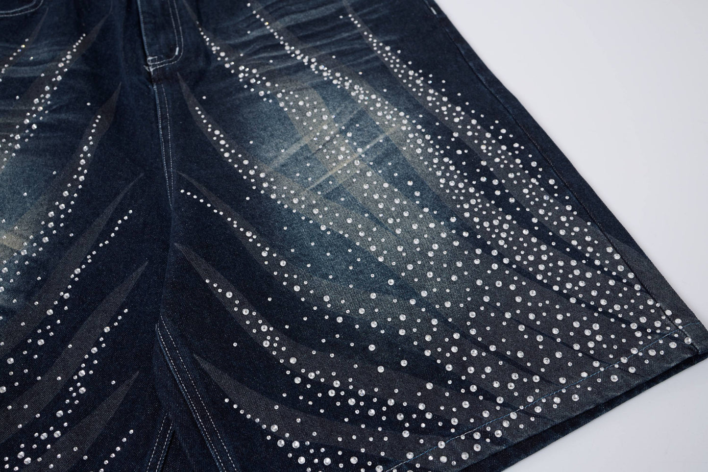 CapCabin Rhinestone Wash Denim Shorts