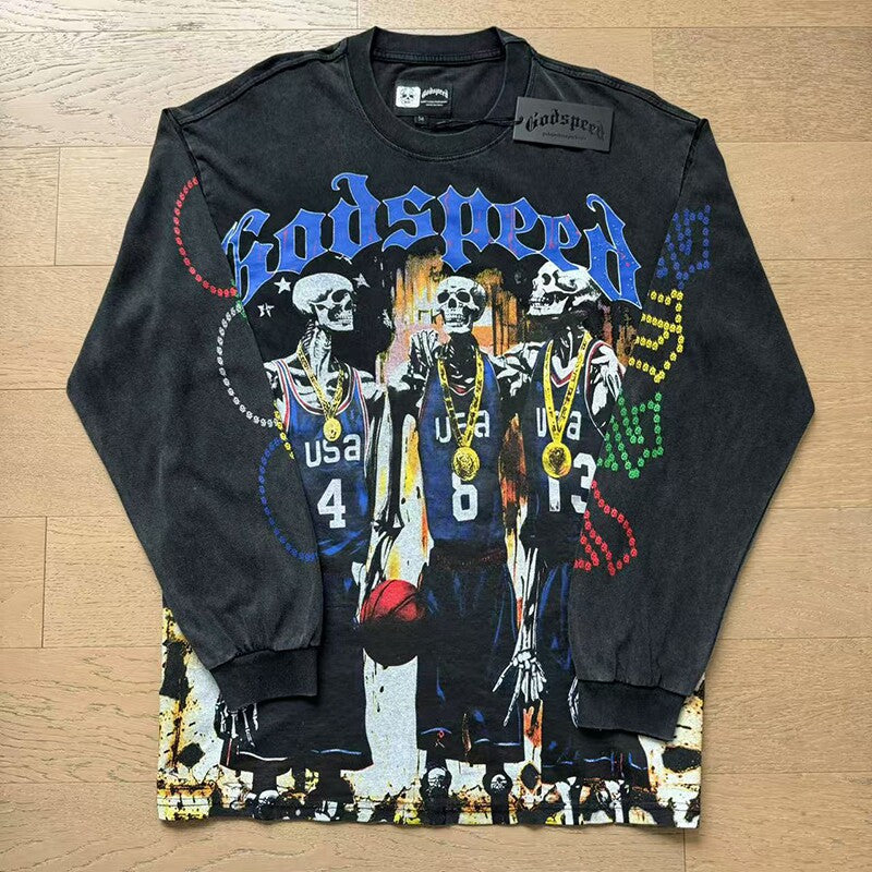 GodSpeed Washed Black Basketball Skull Graphic Long Sleeve T-Shirt