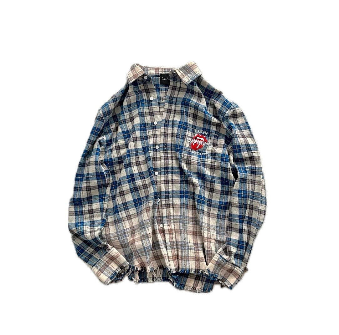 FALSE PERCEPTION Vintage Plaid Frayed Shirt