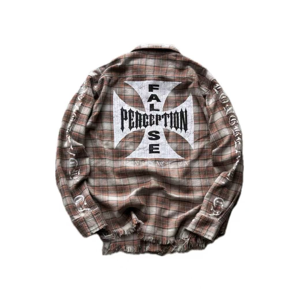 MIXED EMOTION Plaid Graphic Distressed Shirt