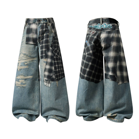 CapCabin “Layered Flannel Patchwork Balloon Jeans”