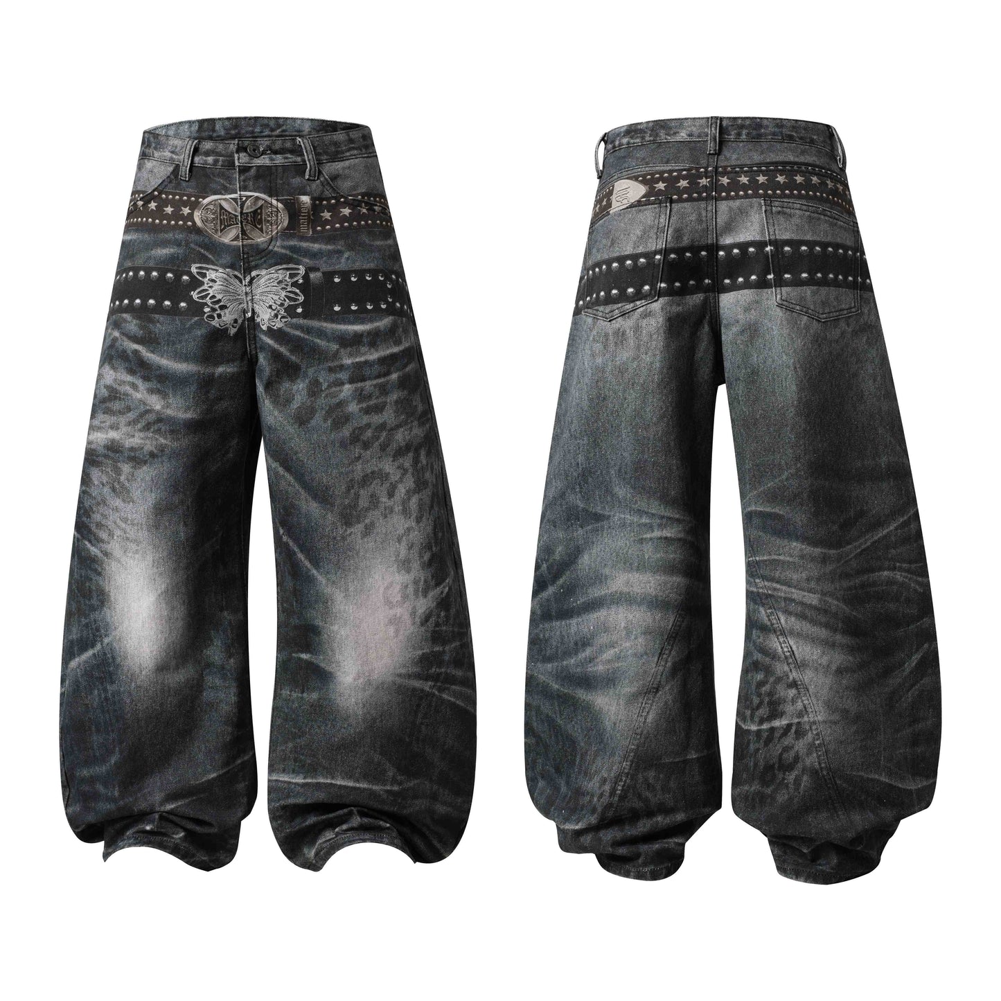 CapCabin Washed Studded Wide-Leg Jeans