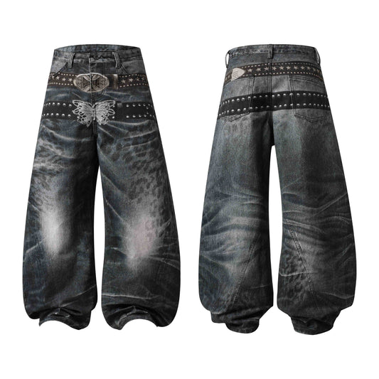CapCabin Washed Studded Wide-Leg Jeans