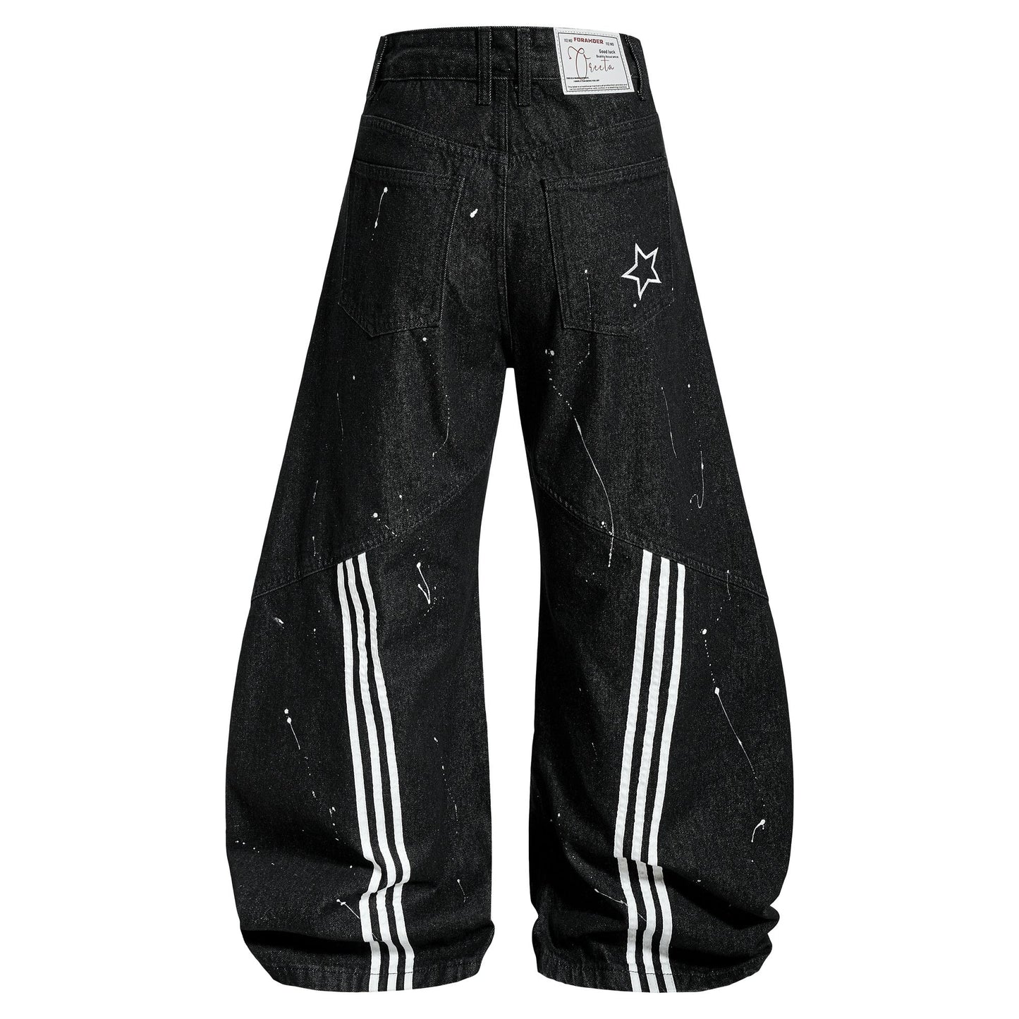 CapCabin Stripe Panel Paint-Splatter Wide-Leg Jeans