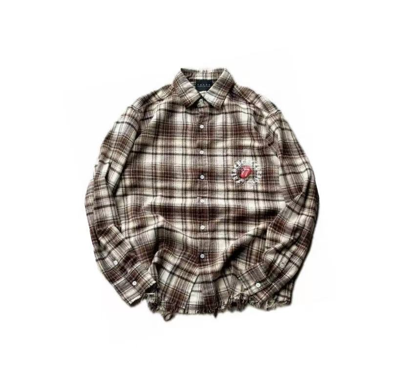 FALSE PERCEPTION Vintage Plaid Raw Hem Overshirt