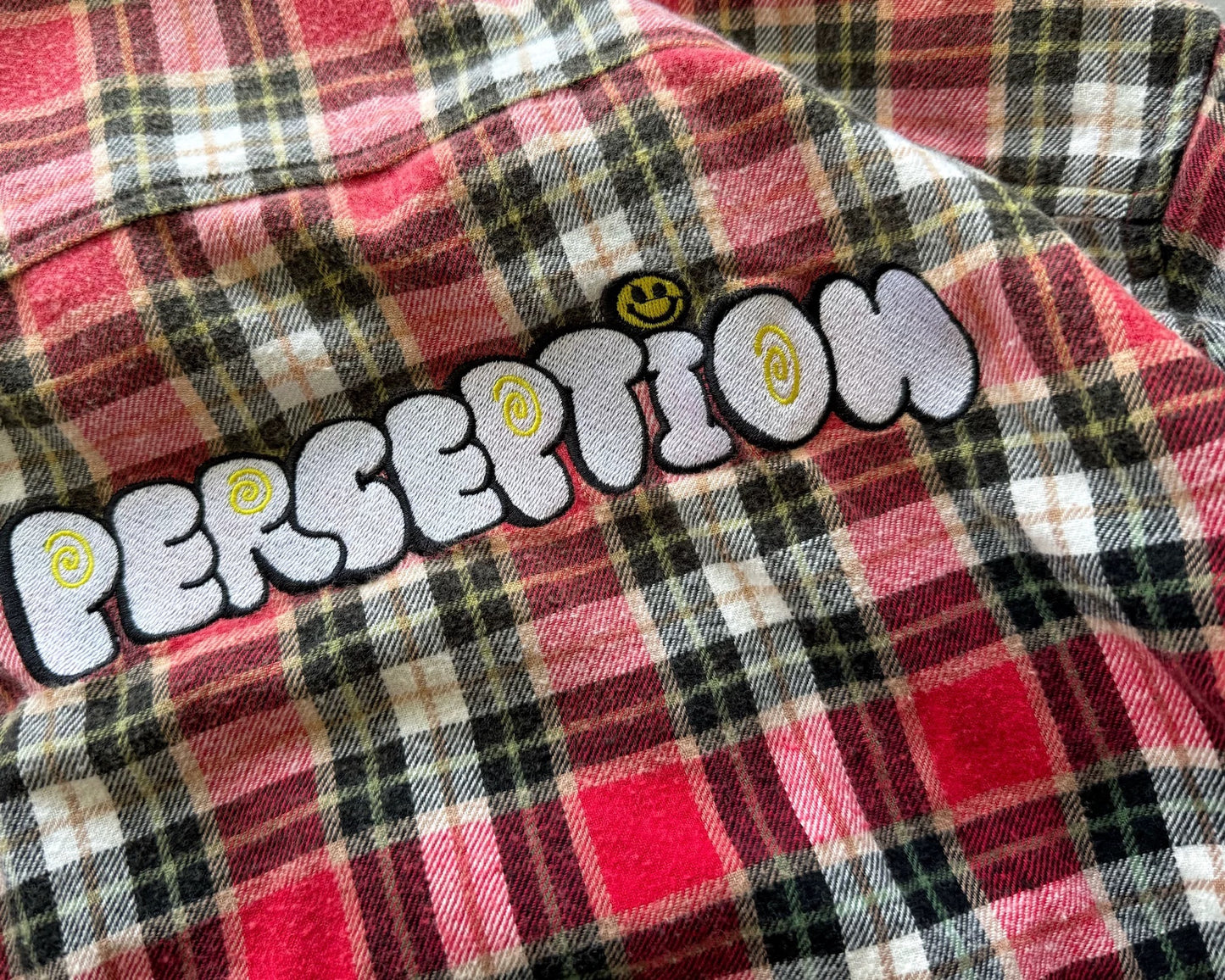 FALSE PERCEPTION Red Plaid Smiley Overshirt