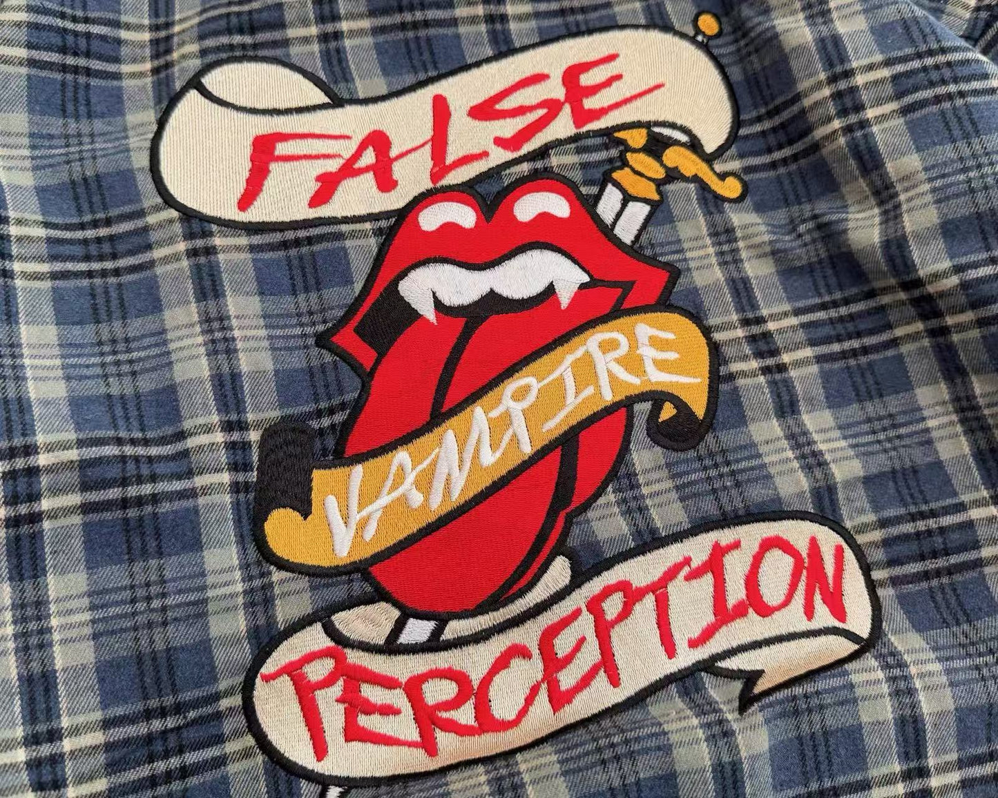 FALSE PERCEPTION Plaid Embroidered Graphic Shirt