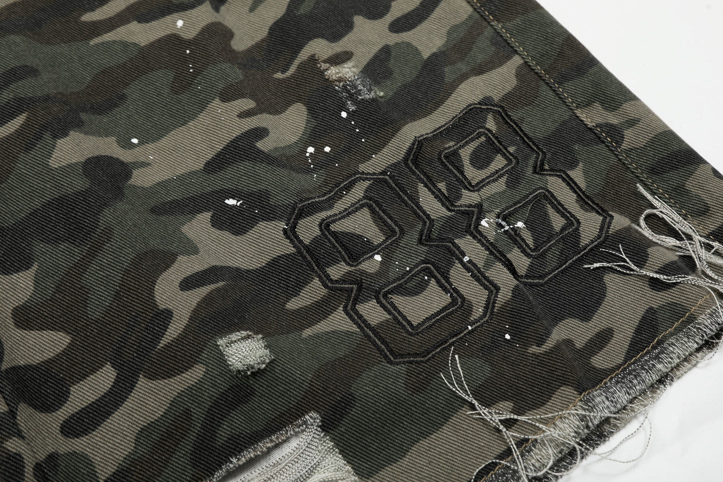 CapCabin Camo Distressed Utility Denim Shorts