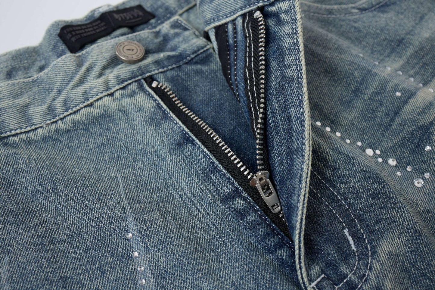 CapCabin Rhinestone Wash Denim Shorts