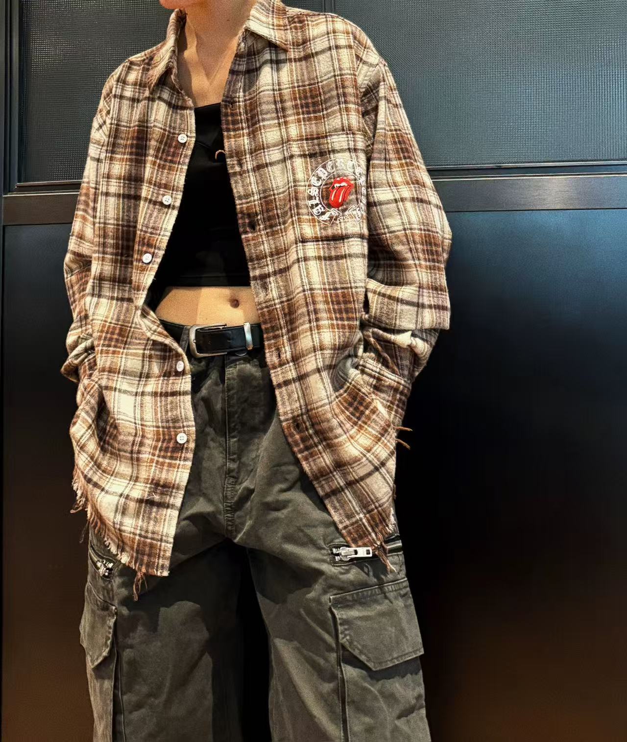 FALSE PERCEPTION Vintage Plaid Raw Hem Overshirt