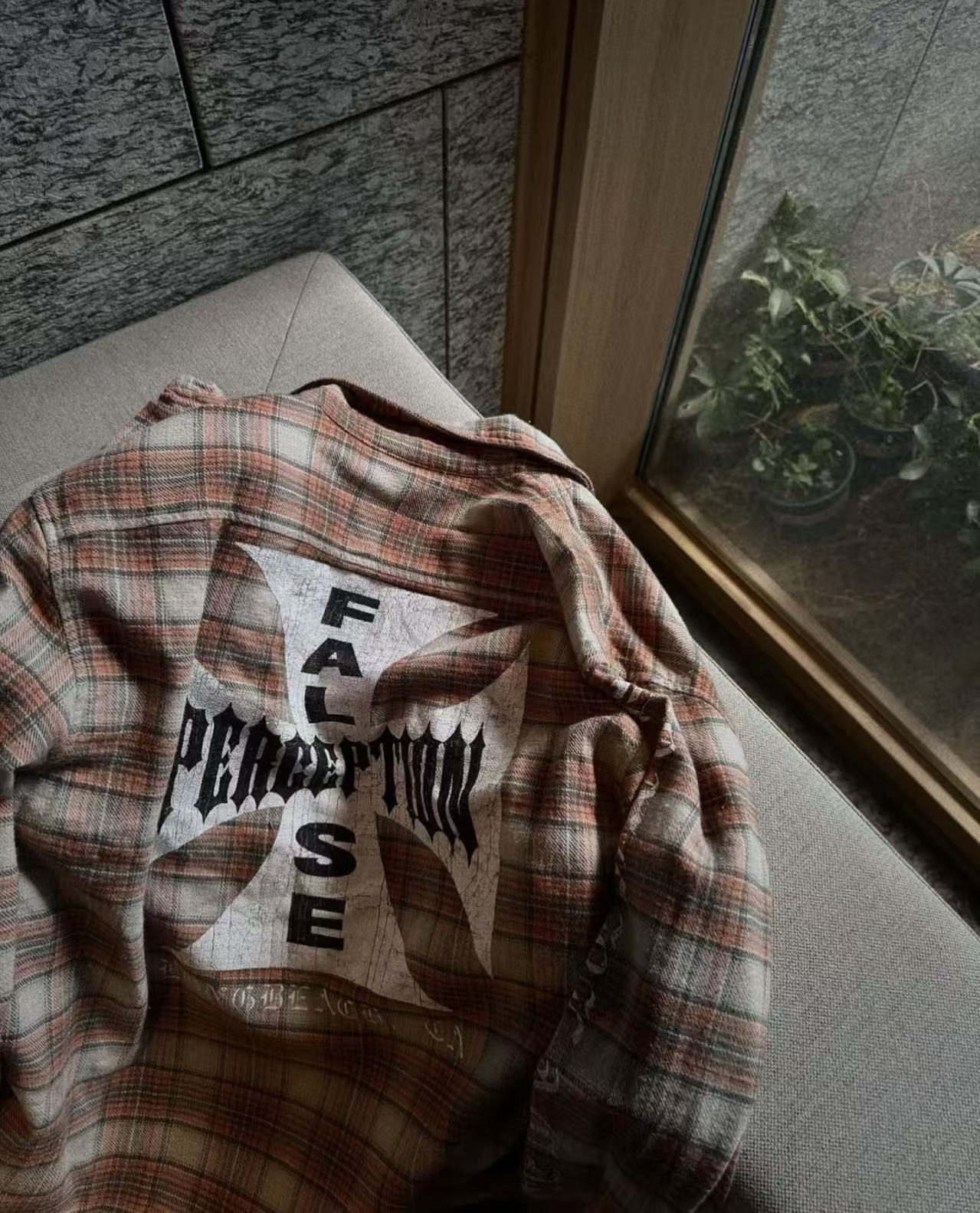 MIXED EMOTION Plaid Graphic Distressed Shirt