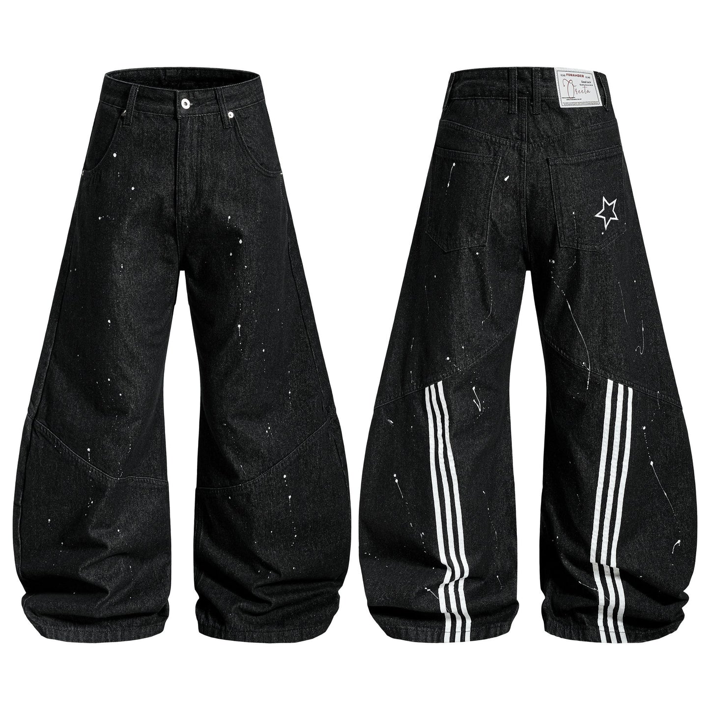 CapCabin Stripe Panel Paint-Splatter Wide-Leg Jeans