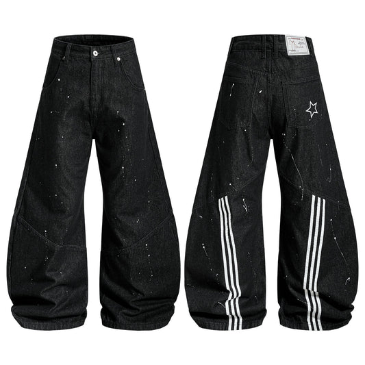 CapCabin Stripe Panel Paint-Splatter Wide-Leg Jeans