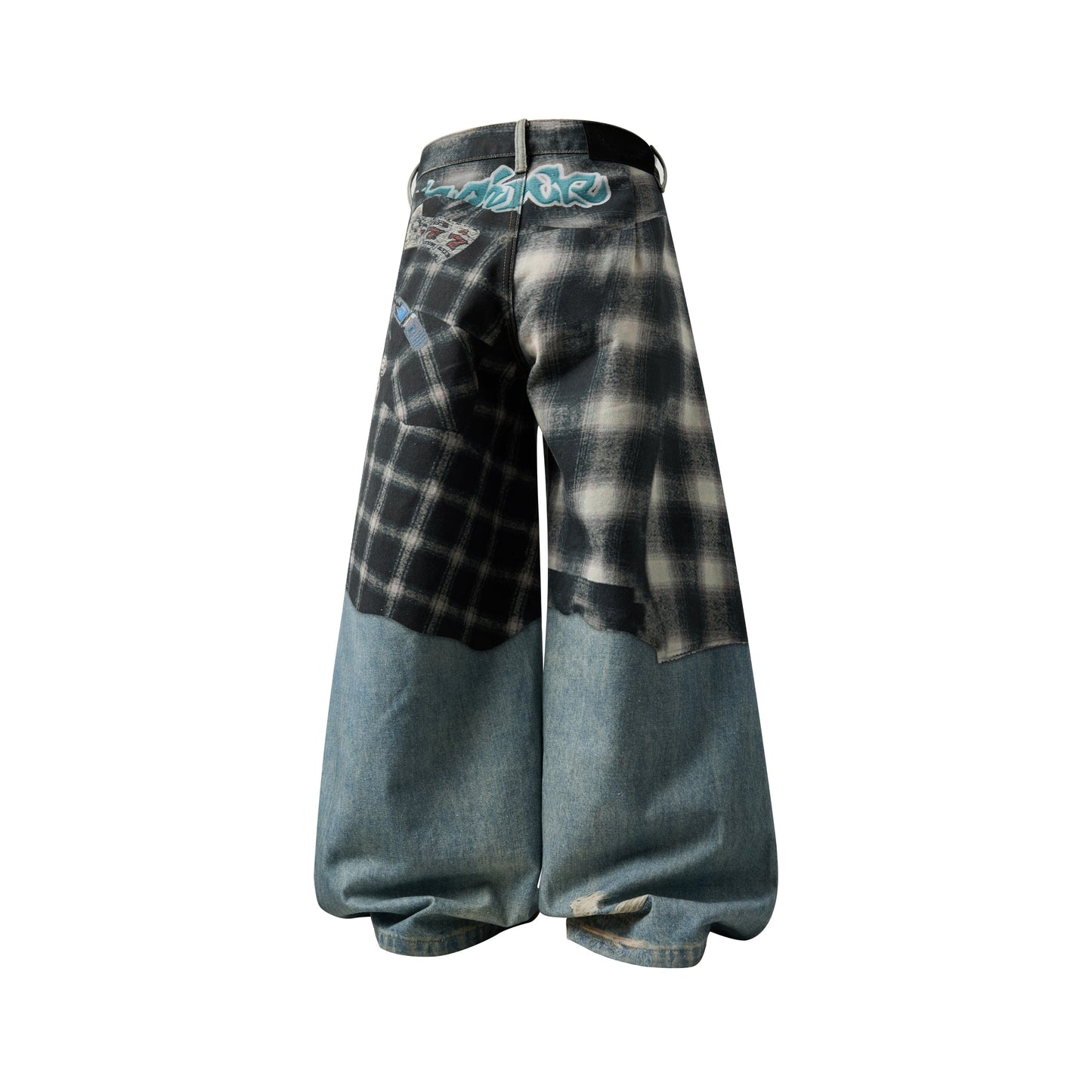 CapCabin “Layered Flannel Patchwork Balloon Jeans”