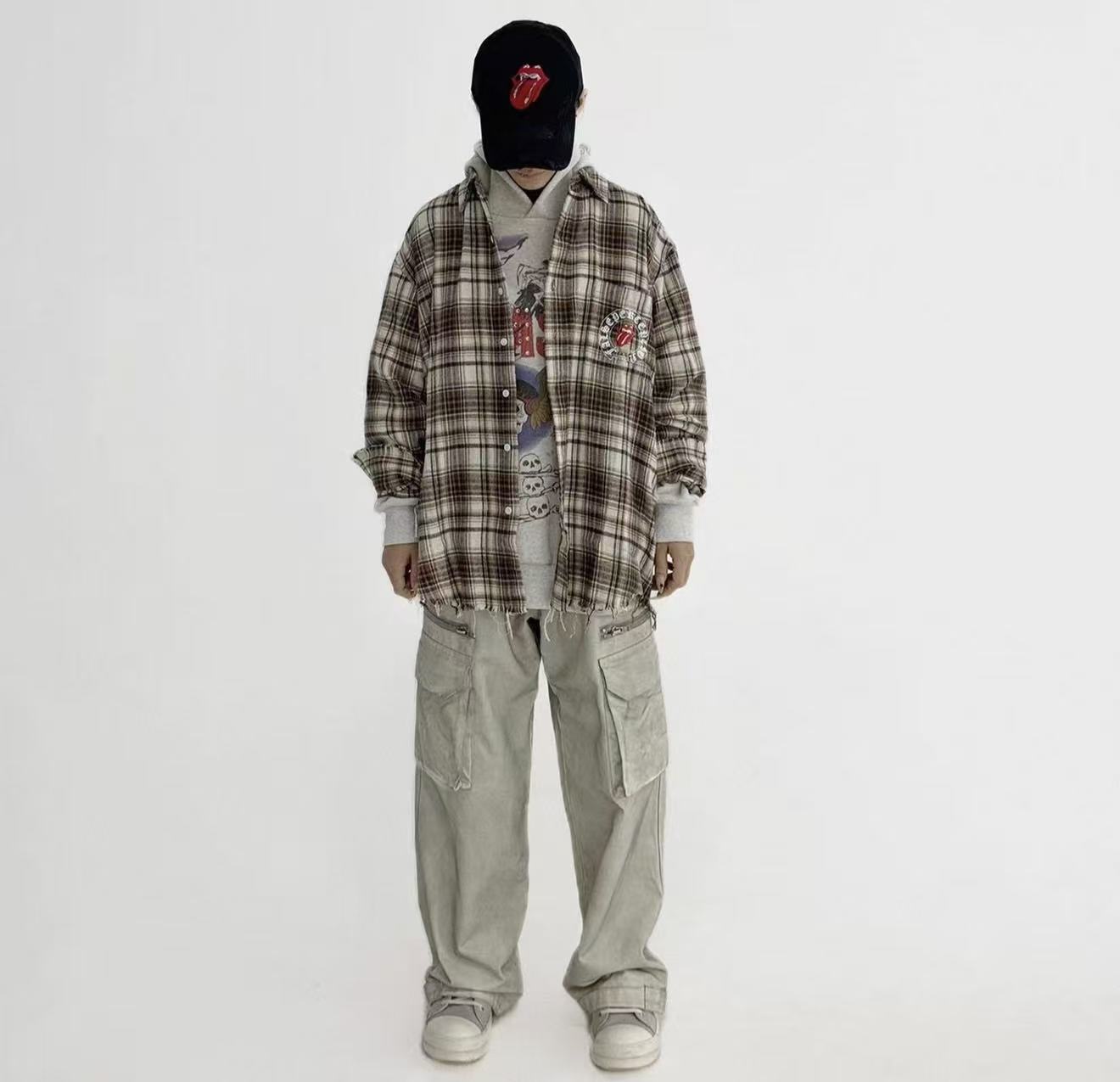 FALSE PERCEPTION Vintage Plaid Raw Hem Overshirt