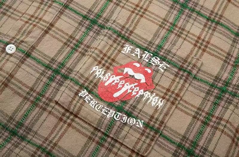 FALSE PERCEPTION Plaid Graphic Frayed Hem Shirt