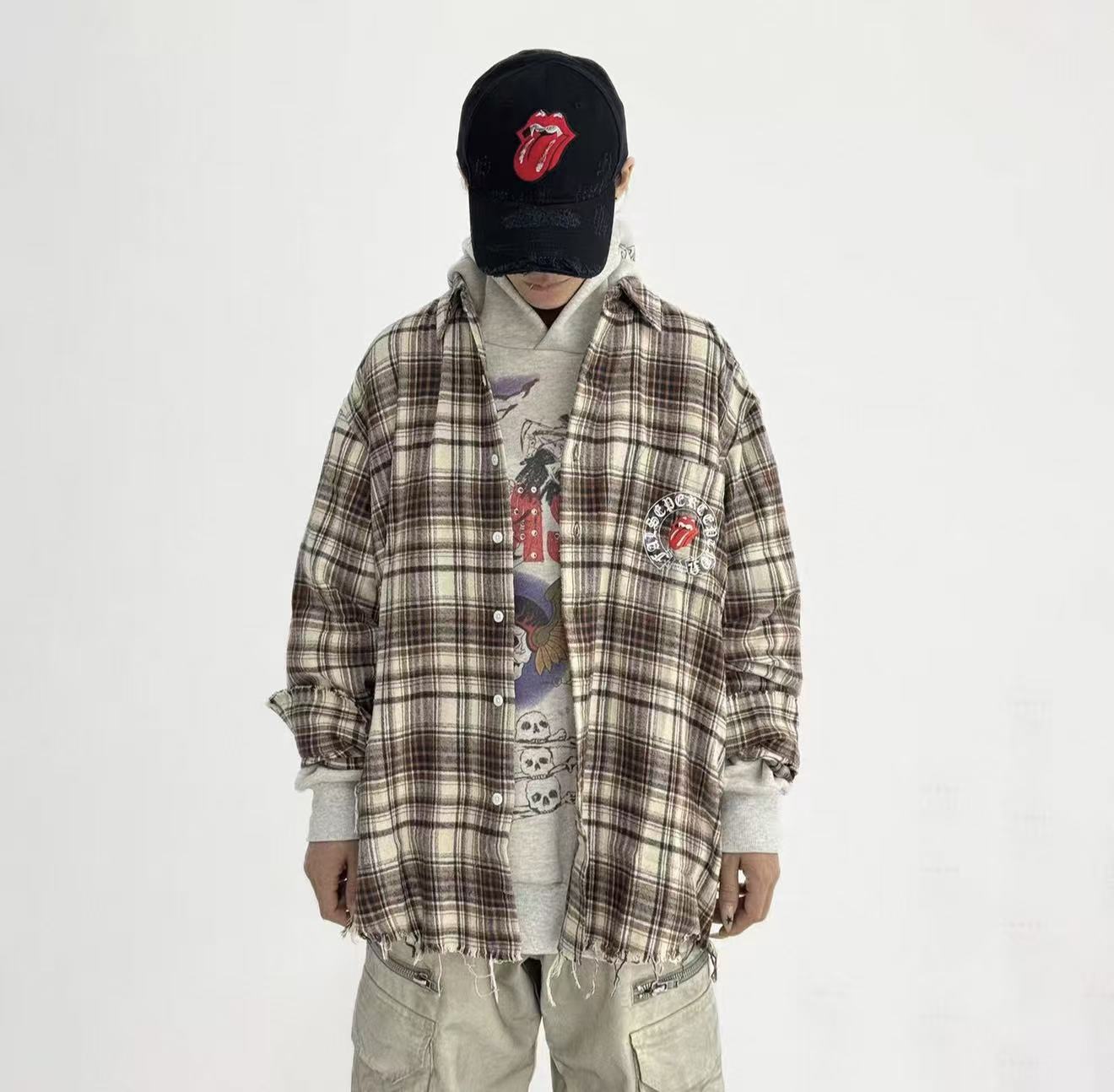 FALSE PERCEPTION Vintage Plaid Raw Hem Overshirt