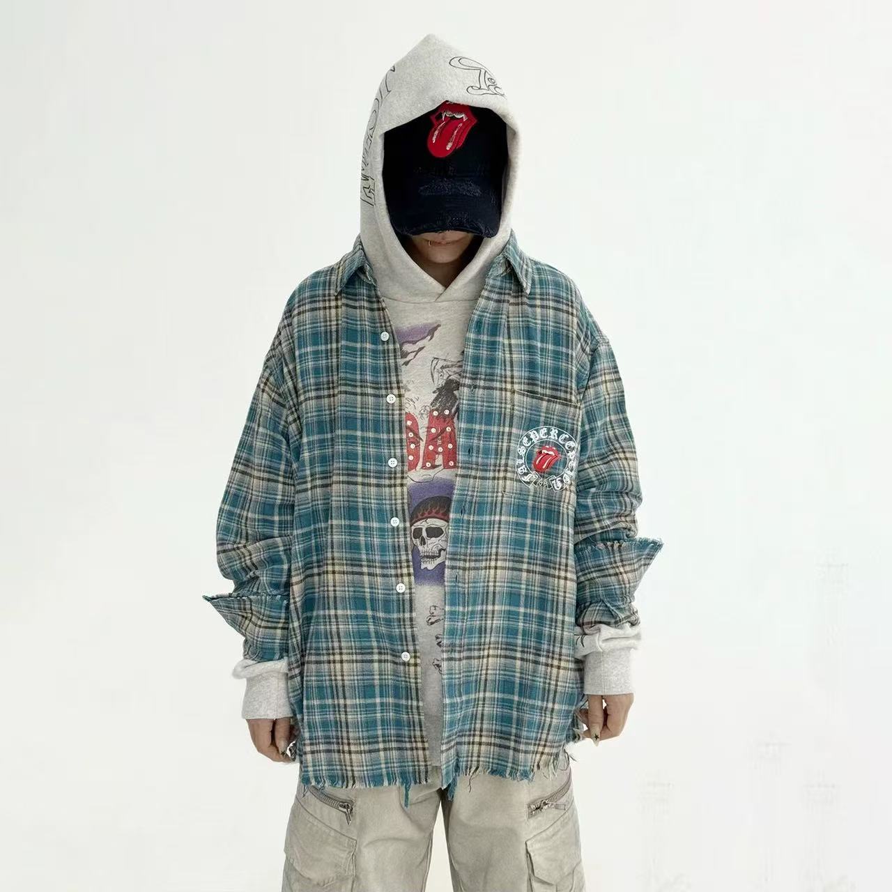 Vintage Plaid Graphic Frayed Hem Shirt