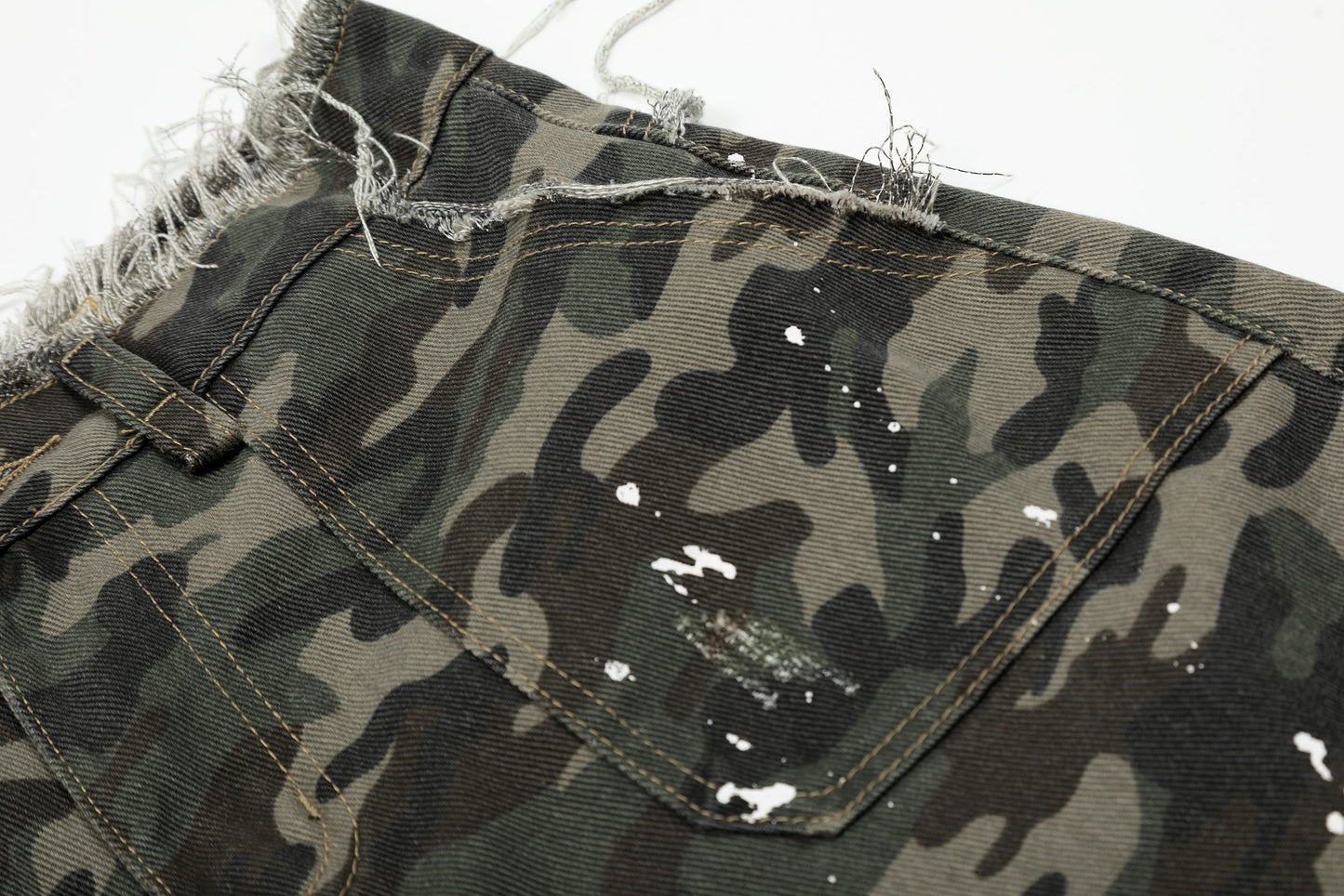 CapCabin Camo Distressed Utility Denim Shorts