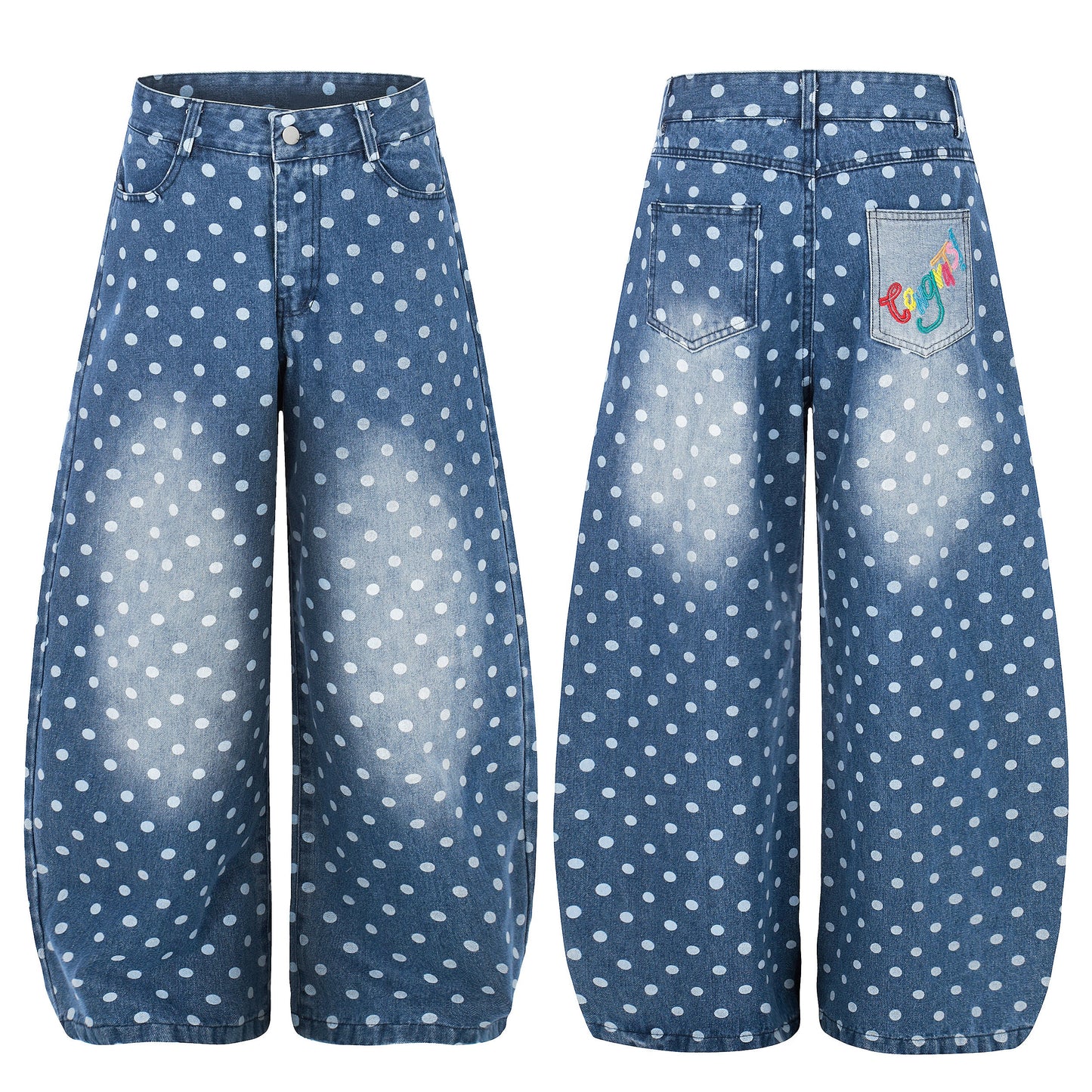CapCabin Polka Dot Washed Denim Jeans