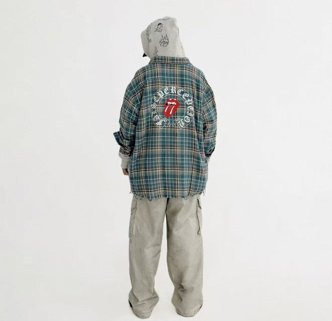 Vintage Plaid Graphic Frayed Hem Shirt