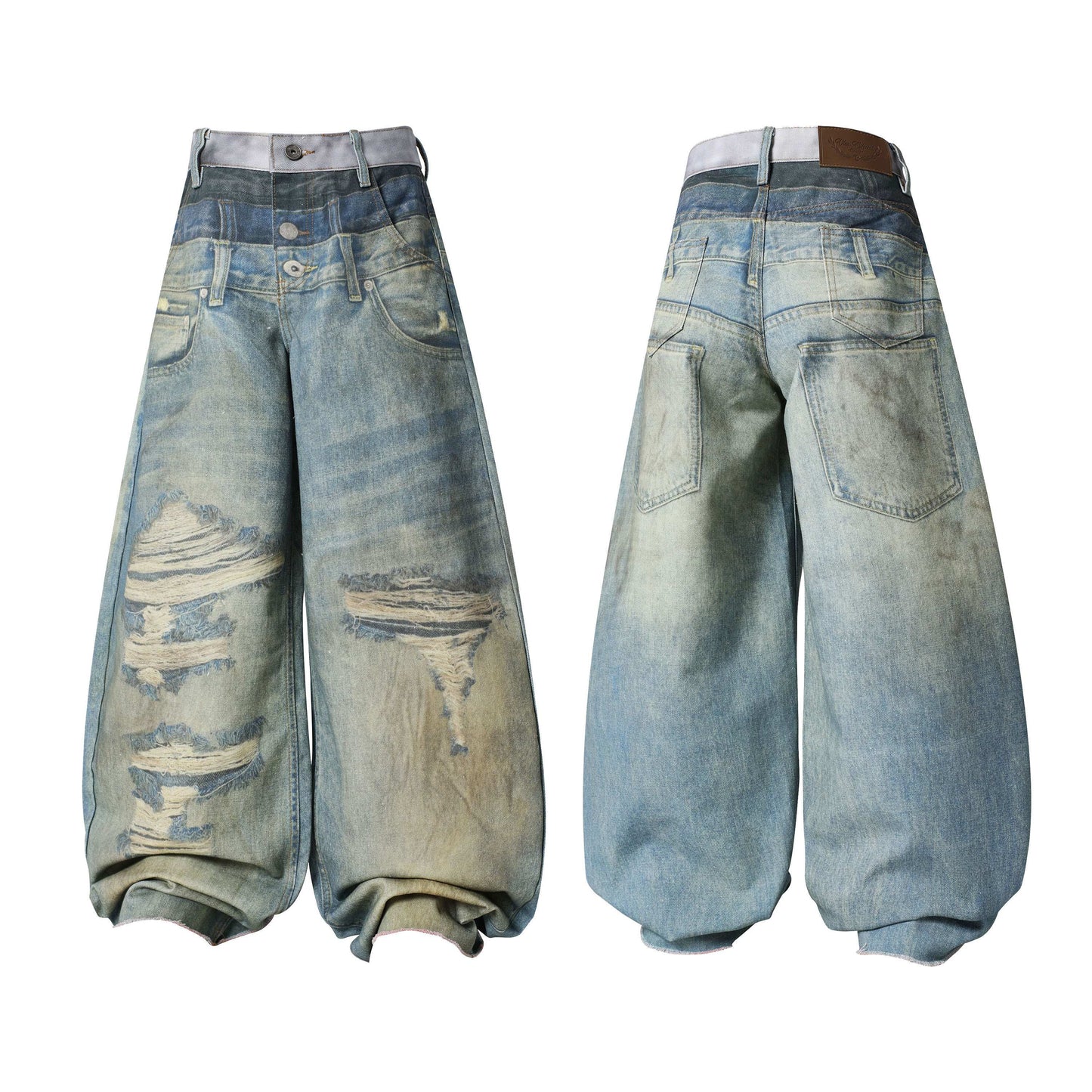 CapCabin “Layered Fade Distressed Balloon Jeans”