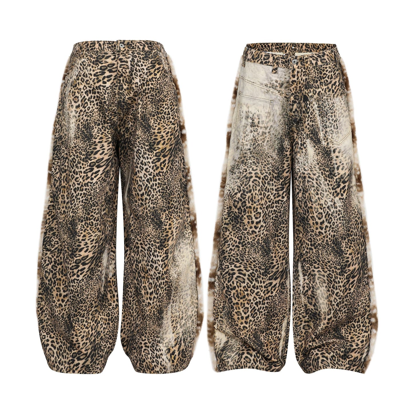 CapCabin “Leopard Fur-Trim Wide-Leg Jeans”