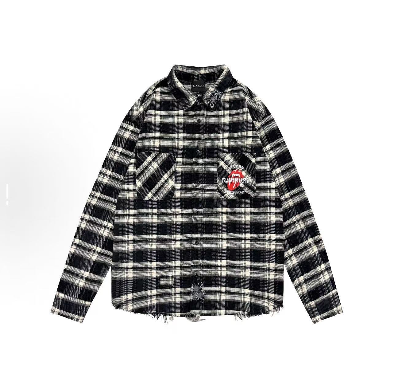 FALSE PERCEPTION Plaid Graphic Distressed Shirt