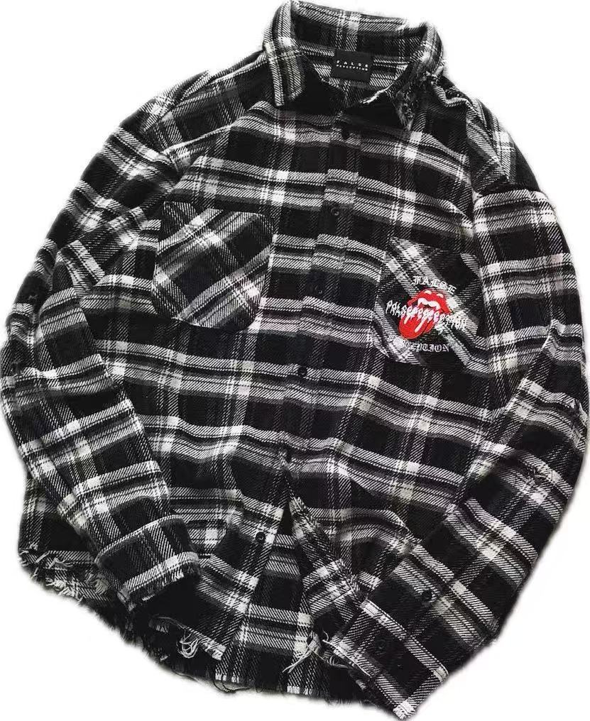 FALSE PERCEPTION Plaid Graphic Distressed Shirt