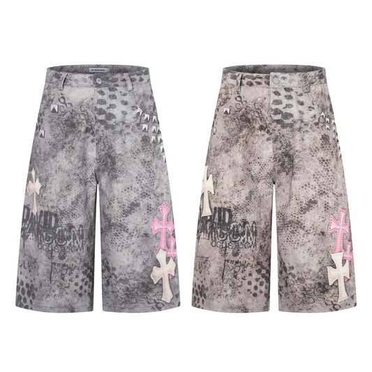 CapCabin “Grunge Cross Washed Denim Shorts”