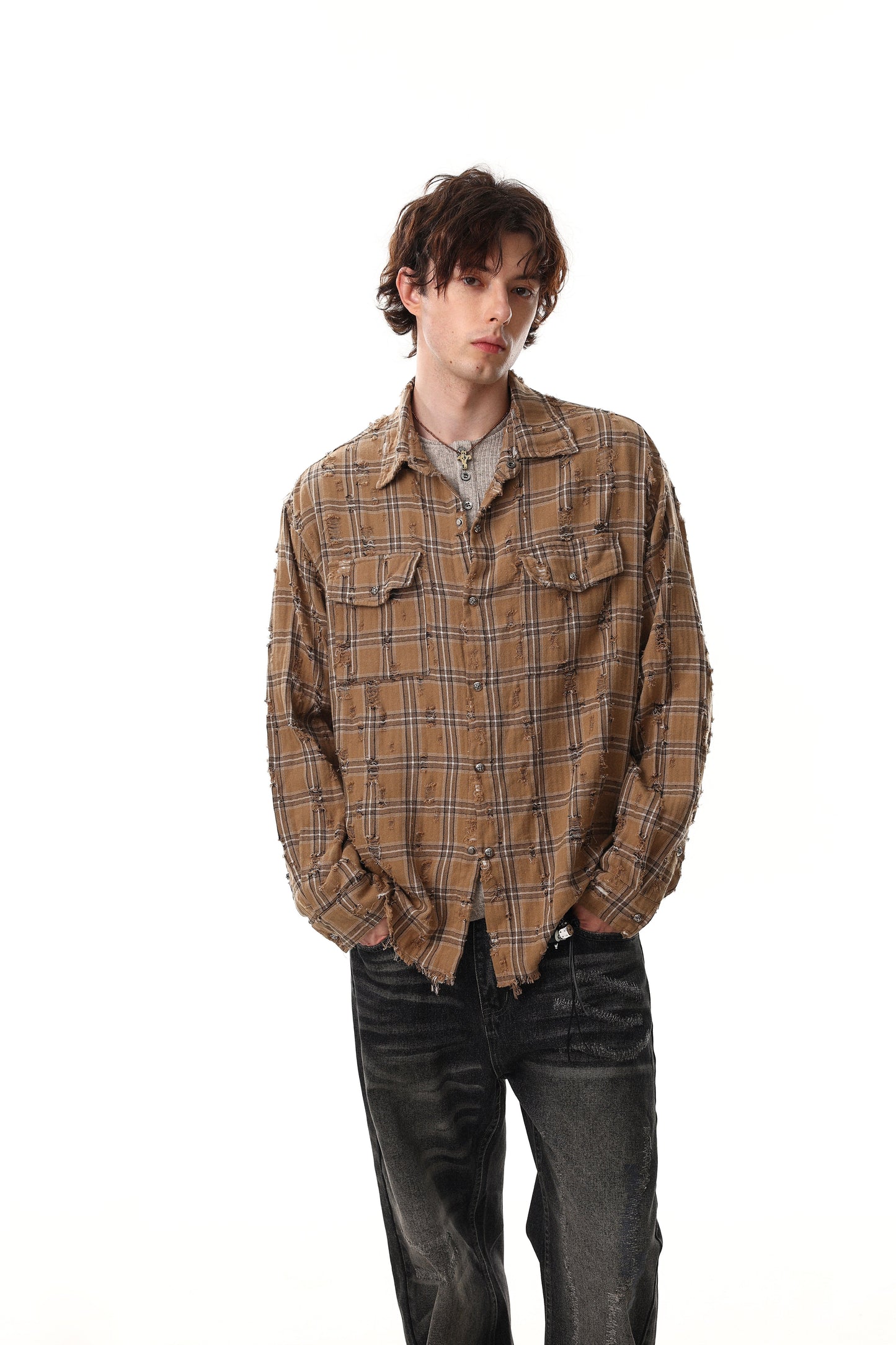 CapCabin Distressed Plaid Shirt Jacket