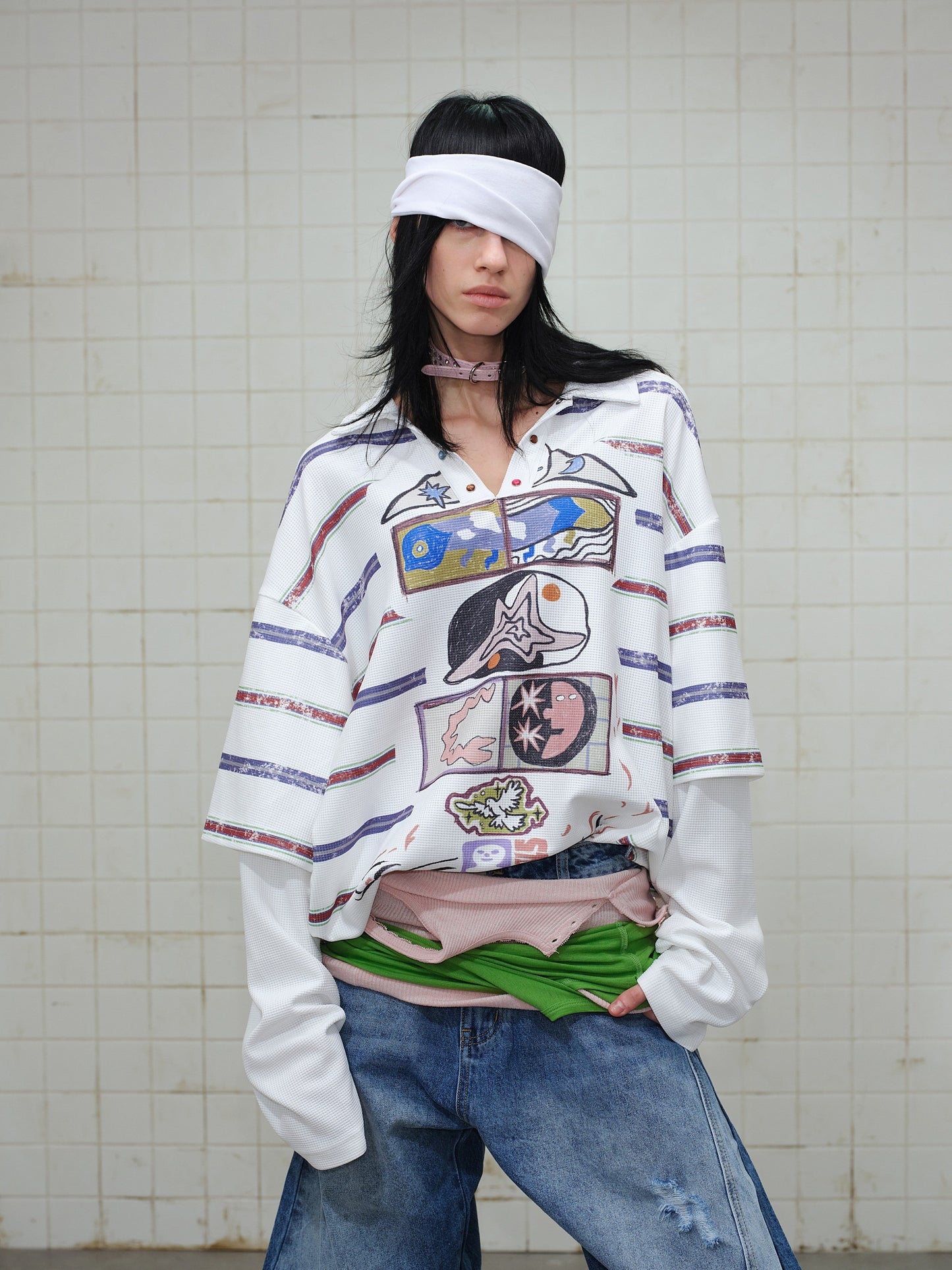 CapCabin Abstract Stripe Long-Sleeve Polo Shirt