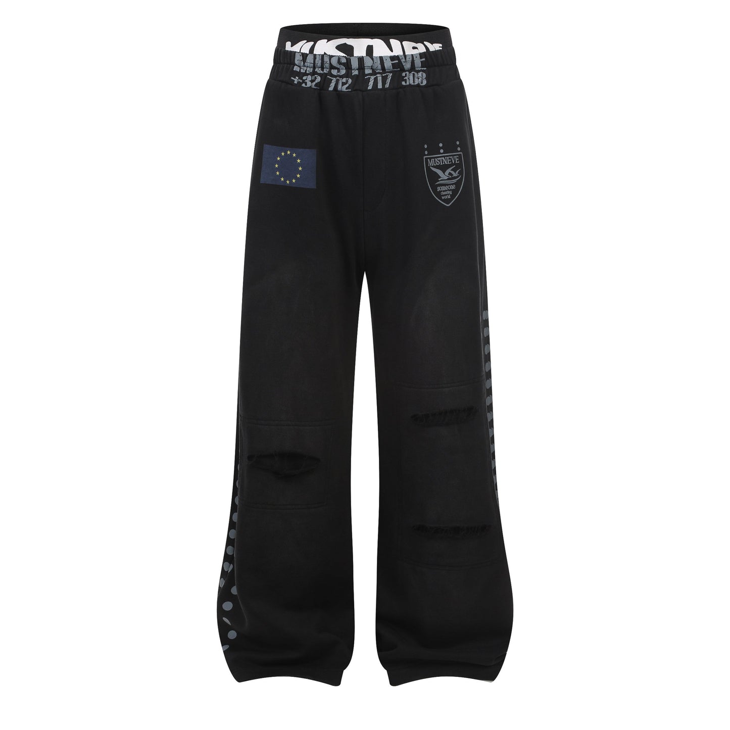 CapCabin “Distressed Sport Wide-Leg Pants”