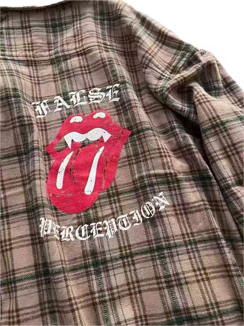 FALSE PERCEPTION Plaid Graphic Frayed Hem Shirt