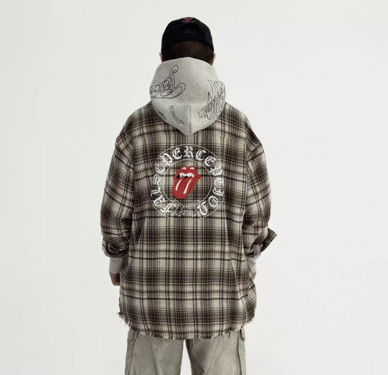 FALSE PERCEPTION Vintage Plaid Raw Hem Overshirt