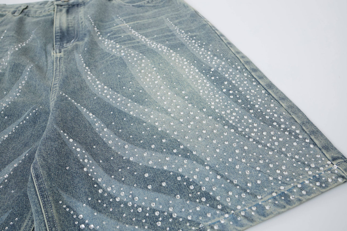 CapCabin Rhinestone Wash Denim Shorts