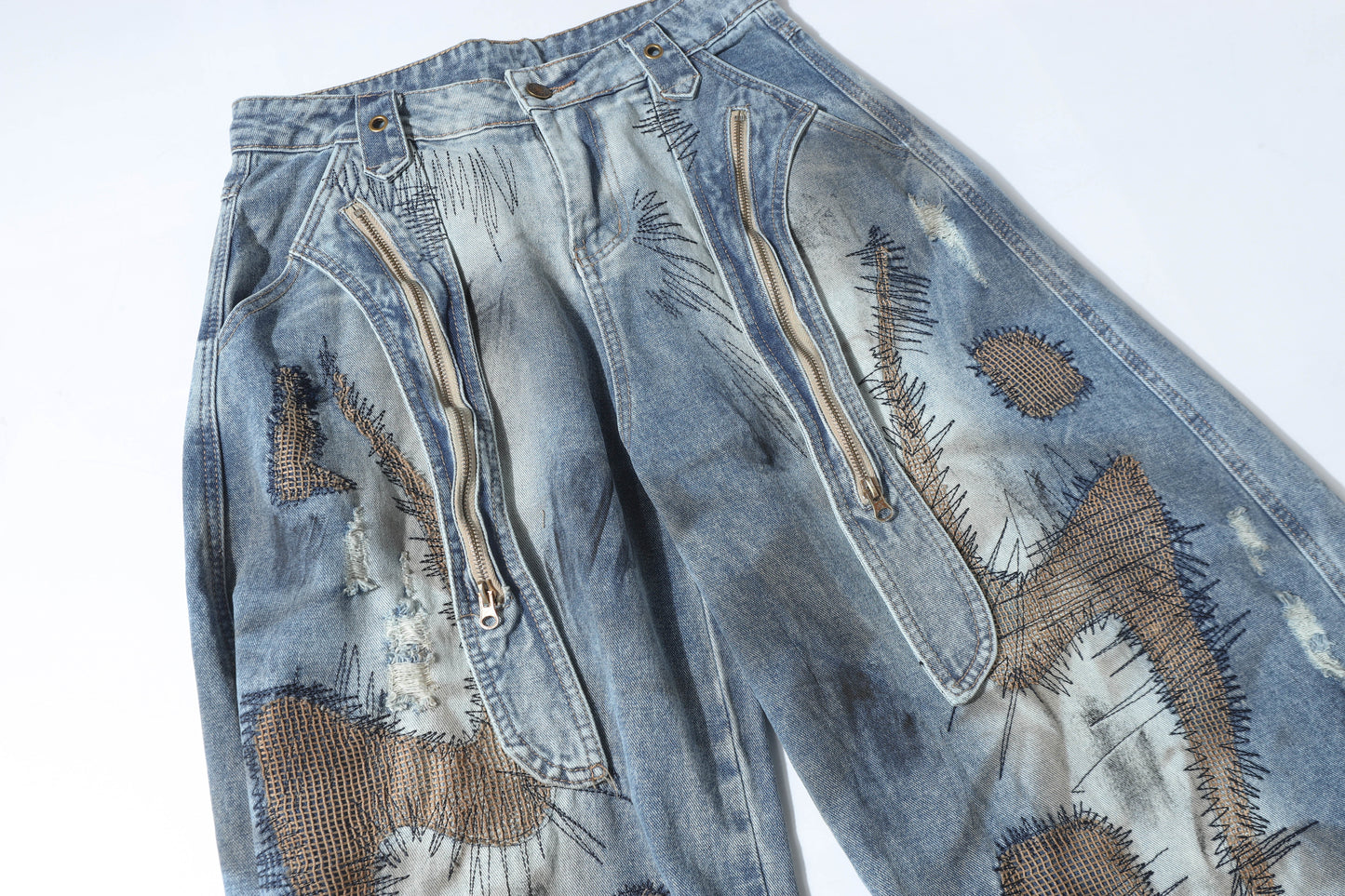 CapCabin Distressed Patchwork Denim Pants