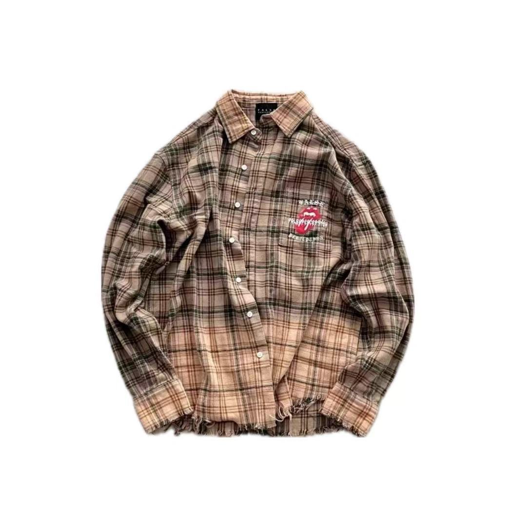 FALSE PERCEPTION Plaid Graphic Frayed Hem Shirt