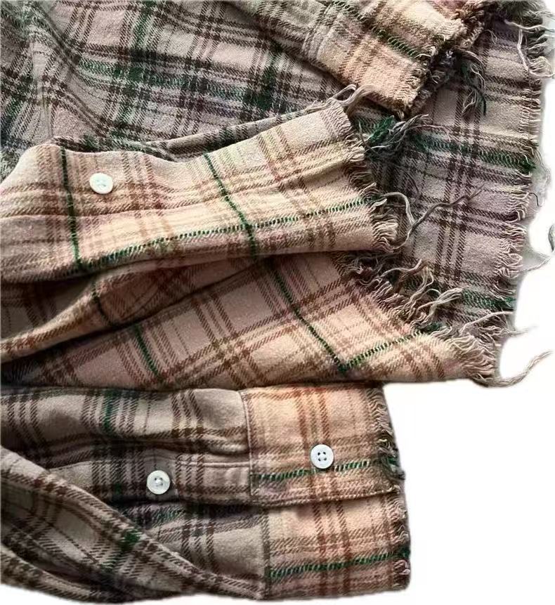 FALSE PERCEPTION Plaid Graphic Frayed Hem Shirt