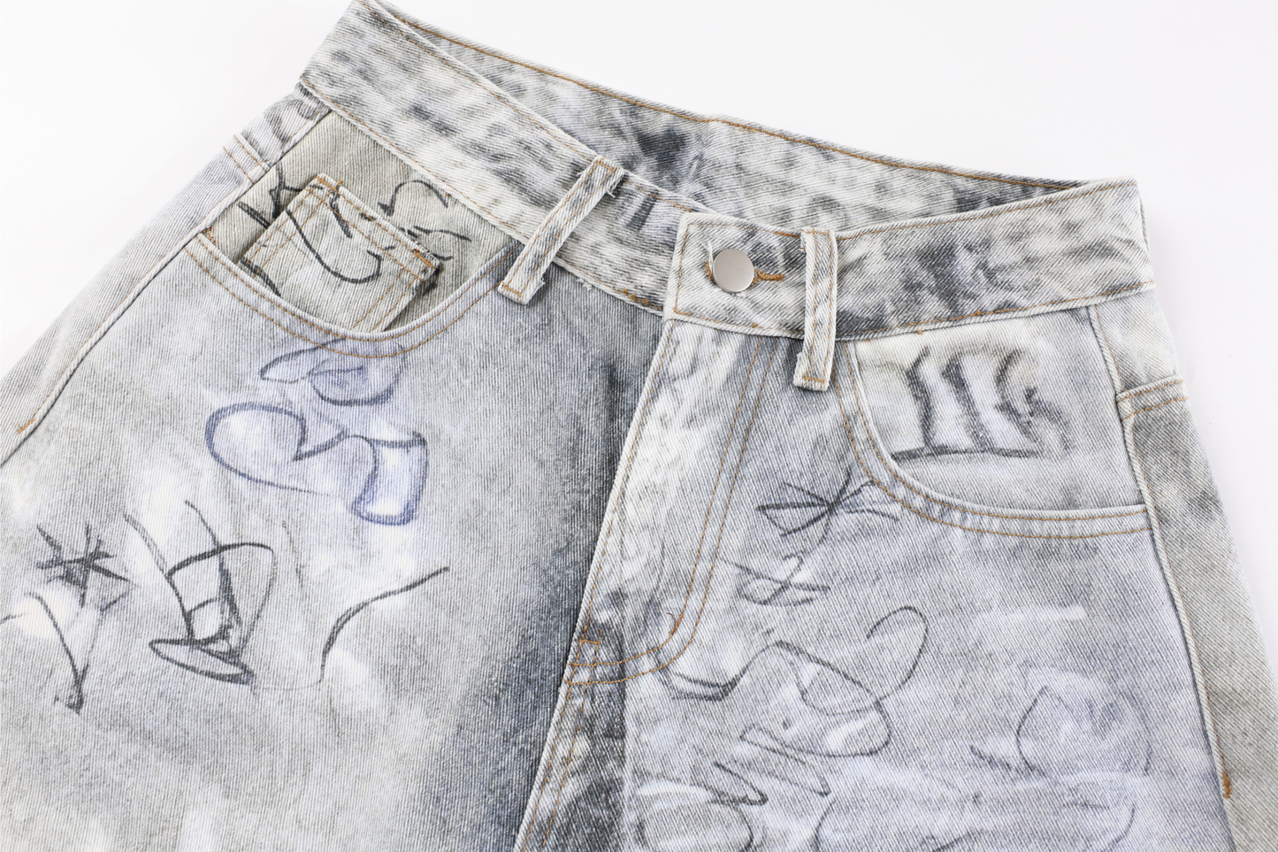 CapCabin Graffiti Washed Curved Denim Pants