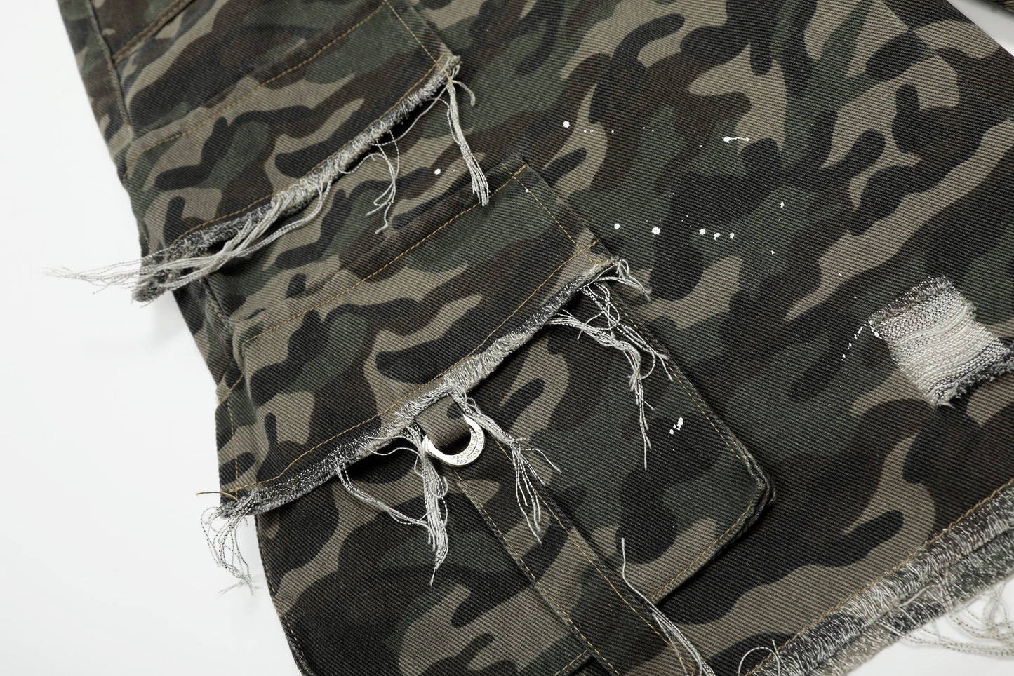 CapCabin Camo Distressed Utility Denim Shorts