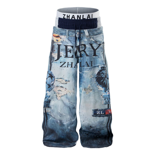 CapCabin Layered Waist Graphic Denim Pants