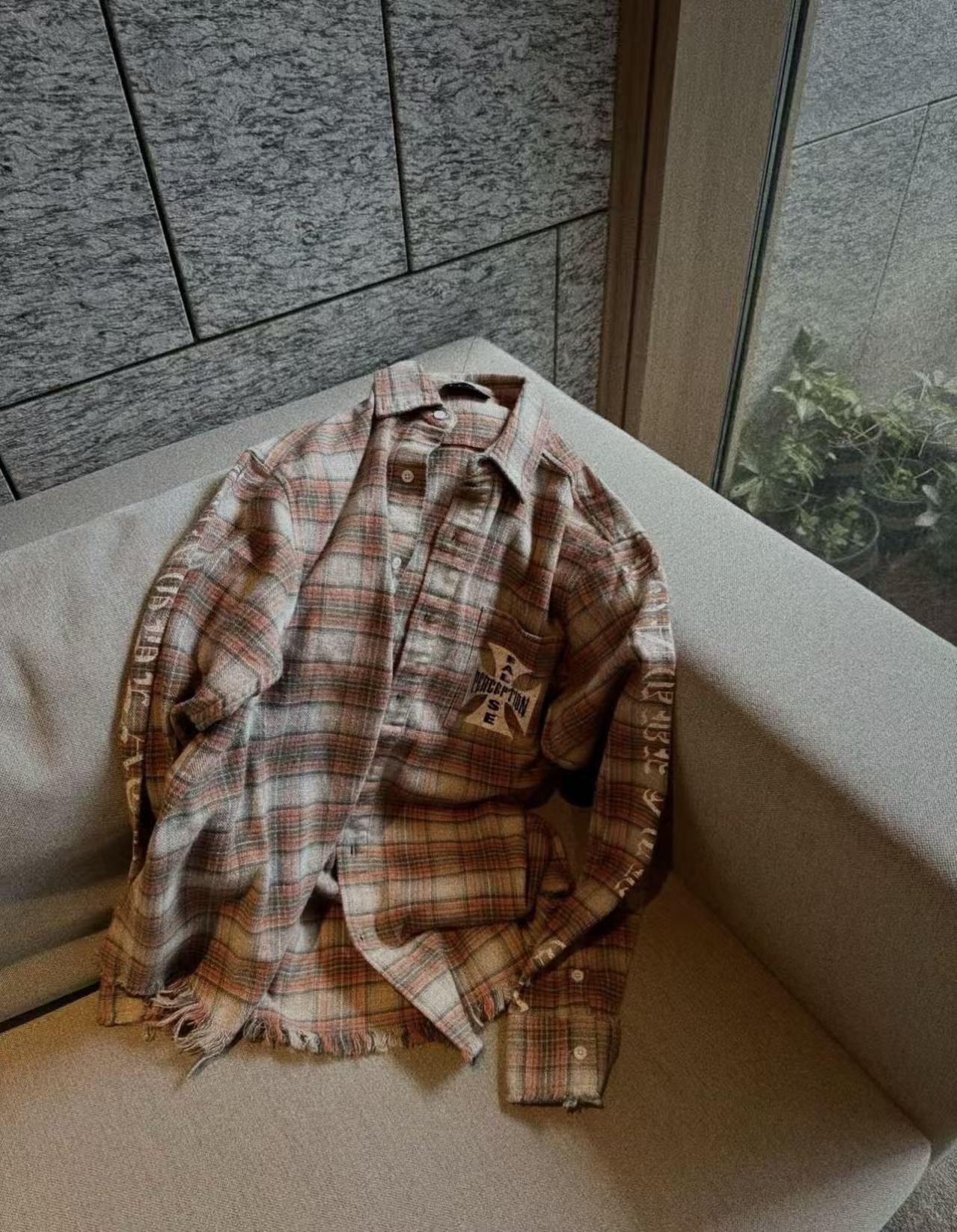 MIXED EMOTION Plaid Graphic Distressed Shirt