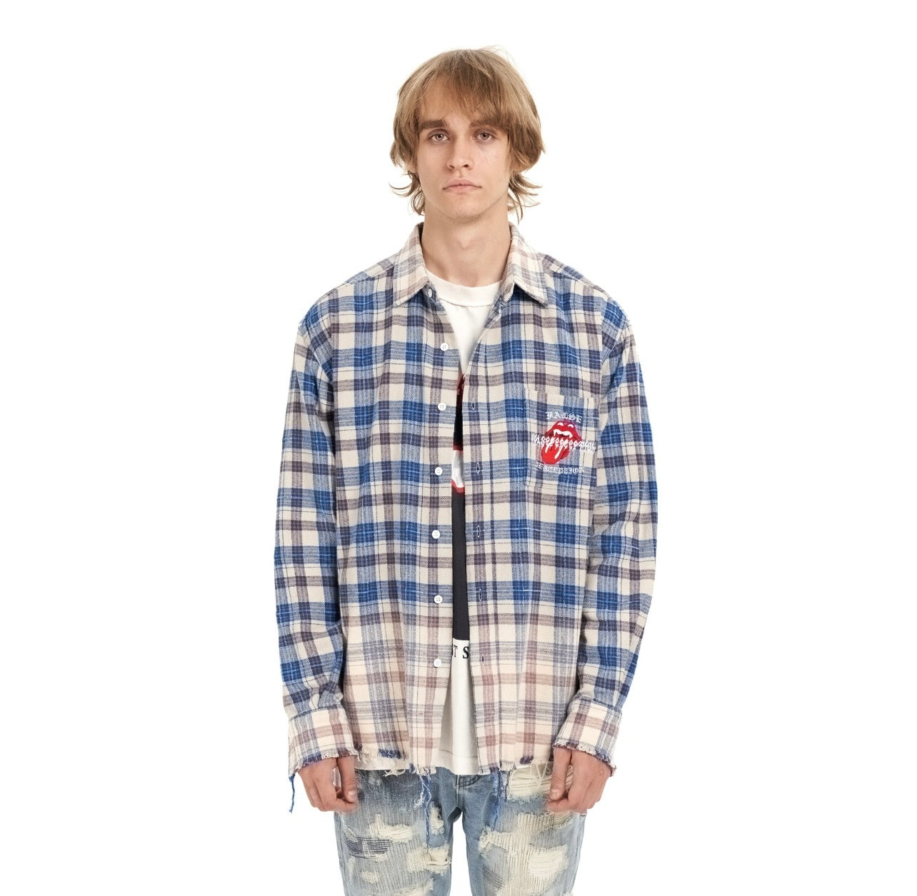 FALSE PERCEPTION Vintage Plaid Frayed Shirt