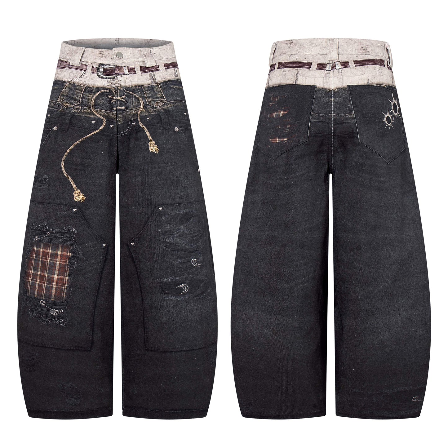 CapCabin “Layered Distress Patch Denim Pants”