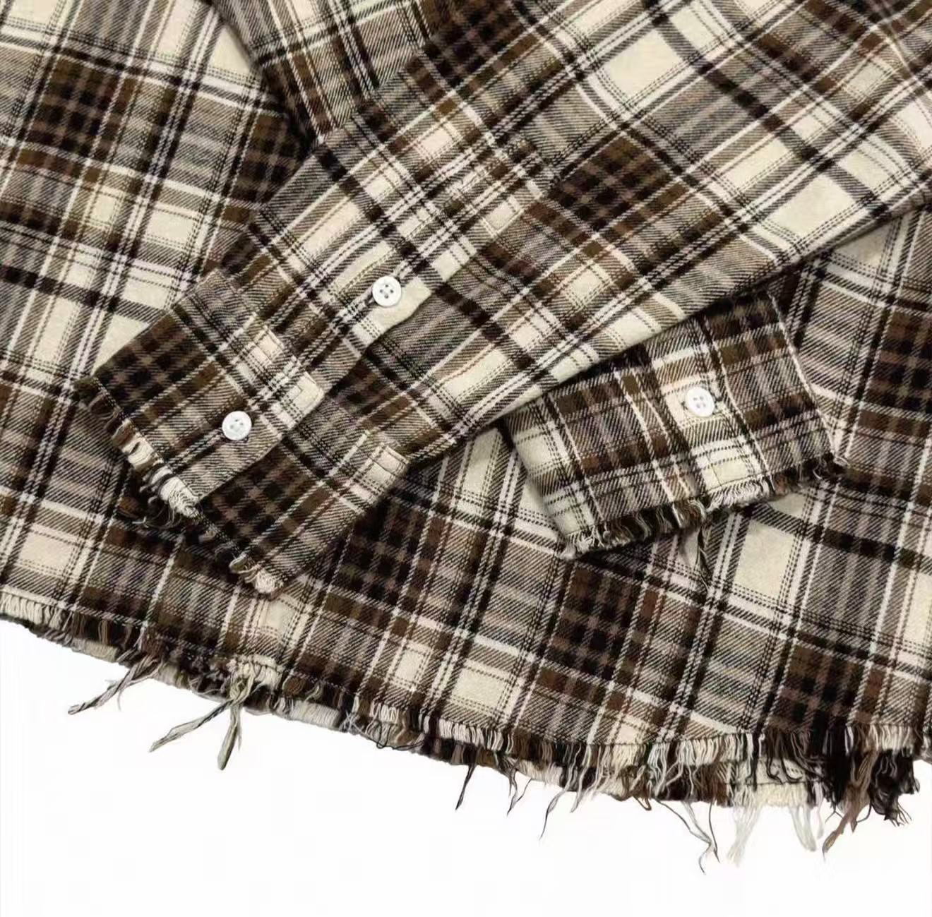FALSE PERCEPTION Vintage Plaid Raw Hem Overshirt