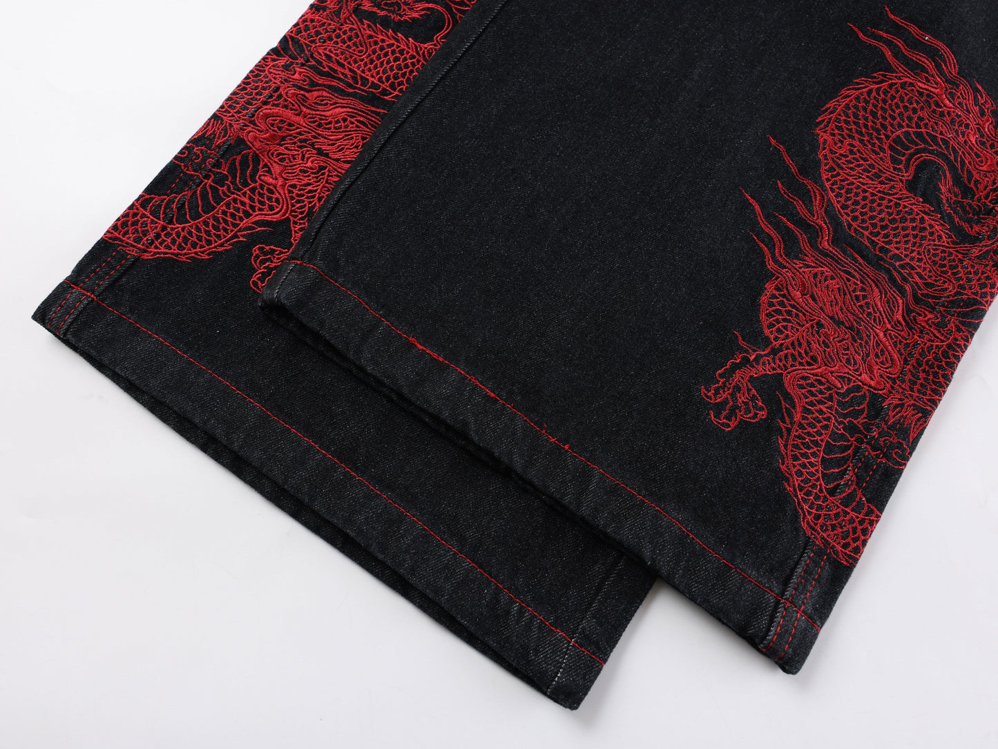 CapCabin Dragon Embroidered Wide-Leg Denim Pants
