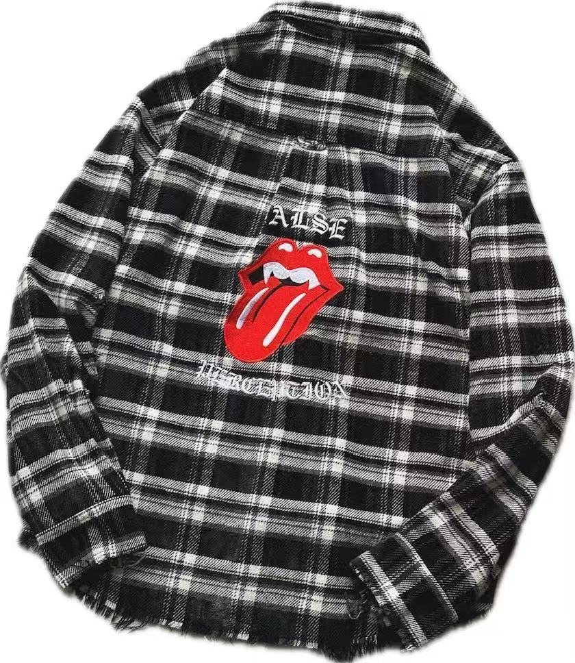 FALSE PERCEPTION Plaid Graphic Distressed Shirt