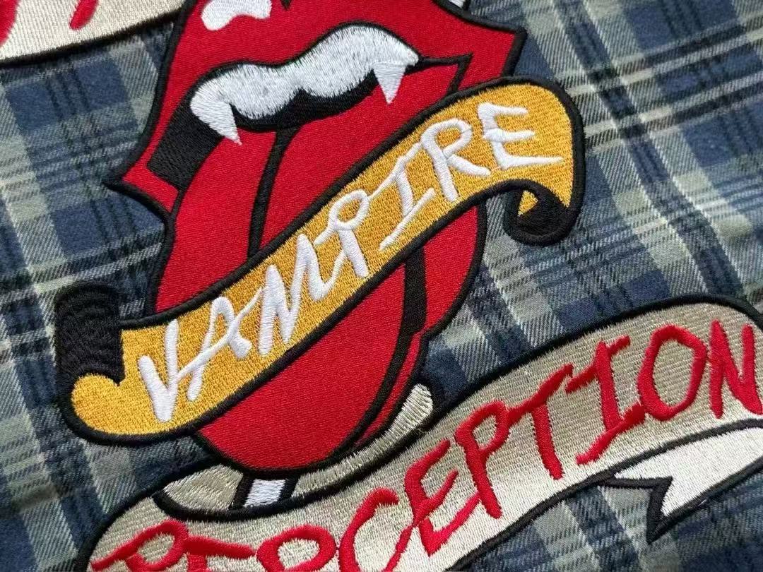 FALSE PERCEPTION Plaid Embroidered Graphic Shirt