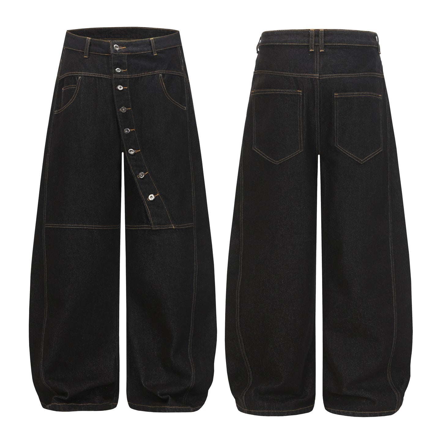 CapCabin Asymmetric Button Wide-Leg Denim Pants